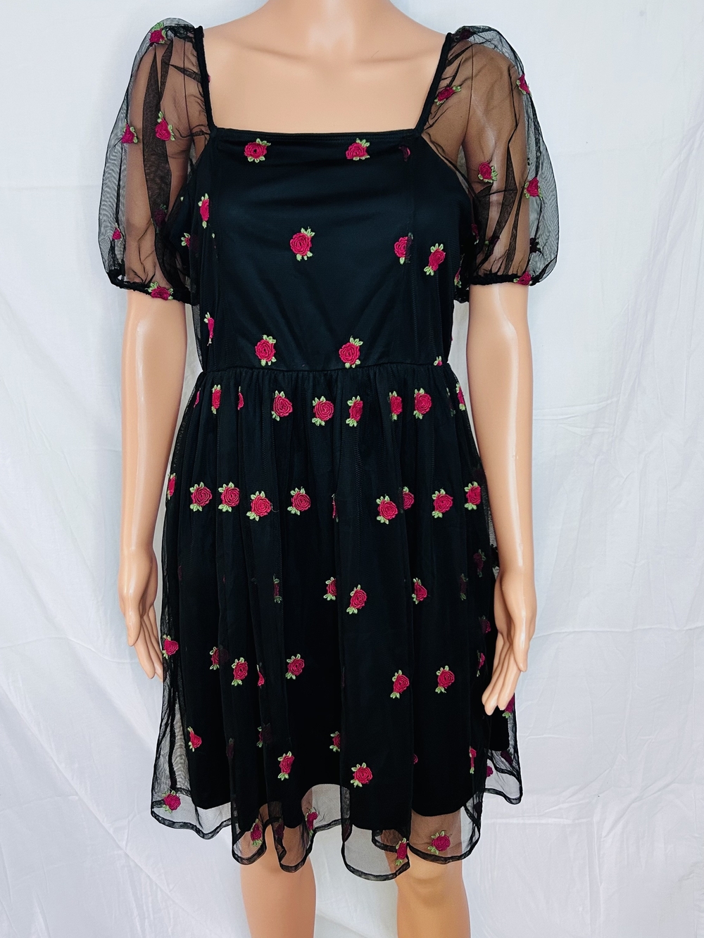 Black Floral Embroidered Puff Sleeve Dress
